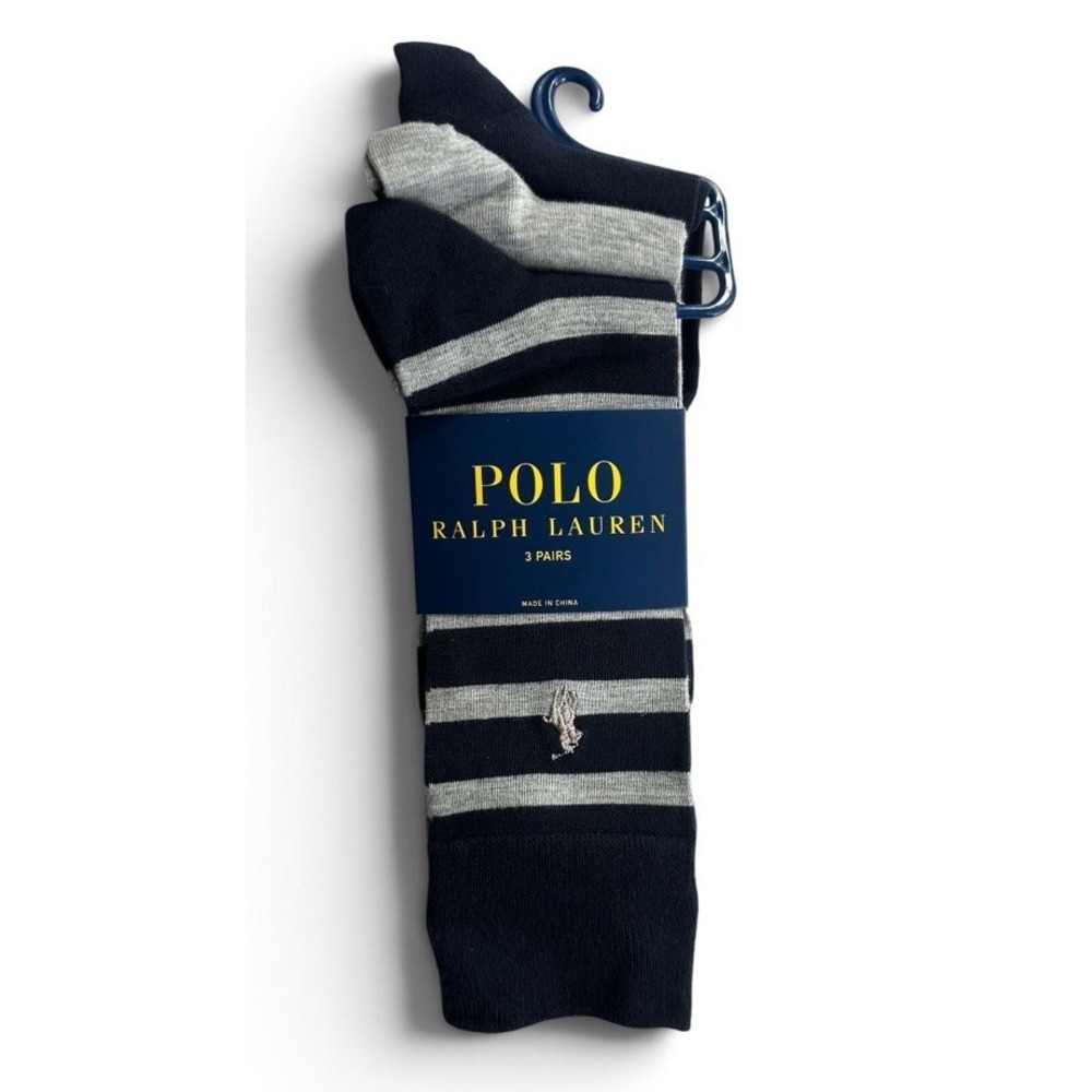Polo Ralph Lauren 3 Pairs Dress Navy Stripe, Navy, Gray Crew Socks Men's 10-13